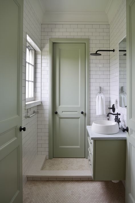 45 Interior Door Color Ideas You’ll Want To See Green Pantry Doors, Green Door Bedroom, Green Painted Doors Interior, Sage Green Pantry Door, Green Door Colors, Inside Door Color, Paint Inside Door, Green Interior Doors, Paint Doors Interior