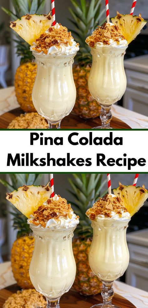 Want a refreshing drink? Try our Pina Colada Milkshakes Recipe. This milkshake recipe blends pineapple and coconut, making it one of the best milkshakes recipes for a cool, tropical treat. Smoothie Recipes Pina Colada, Pineapple Meals, Pina Colada Milkshake Recipe, Pineapple Milkshake Recipe, Pins Colada Recipe, Pina Colada Milkshake, Creamy Pina Colada, Pina Colada Recipes, Milkshakes Recipes