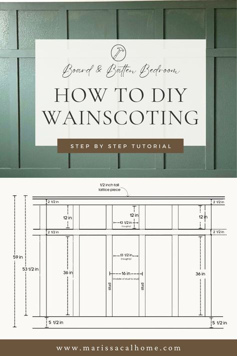 Here’s a tutorial based on the board and batten I did for the green nursery project. This DIY can be used for wainscoting or an accent wall. The listed measurements are for tall wainscoting, approximately two-thirds up the wall. So if you want battens to the ceiling, change the measurements accordingly. Materials Needed 4×8 MDF boards (1/2 inch thick) Table saw or circular saw Chop saw or mitre saw Caulk & caulk gun Primer & paint of choice Laser level Nail gun of choice and/or wood glue Wainscoting Ideas Diy, Tall Wainscoting, Painting Mdf Board, Diy Board And Batten Wall, Ranch Makeover, Diy Board And Batten, Mitre Saw, Dining Room Wainscoting, Batten Wall