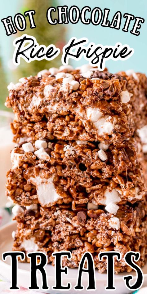 These Hot Chocolate Rice Krispie Treats are loaded with sweet marshmallows and chocolate flavor! They even have hot cocoa mix in them and are the perfect no-bake treat for winter! via @sugarandsoulco Chocolate Peppermint Rice Krispie Treats, Hot Cocoa Rice Krispies, Milky Way Rice Krispie Treats, Hot Cocoa Rice Crispy Treats, Coco Rice Krispie Treats, Hot Coco Rice Krispies, Cocoa Puff Rice Krispie Treats, Santa Rice Crispy Treats, Rice Crispy Dipped In Chocolate