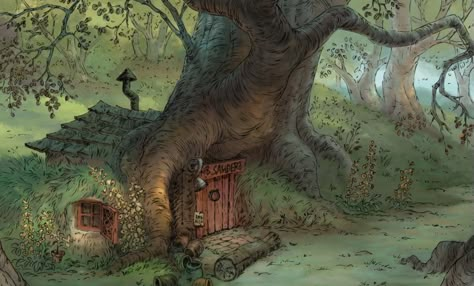 Pooh's House | Disney Wiki | Fandom رسم كاريكاتير, Hundred Acre Woods, Storybook Art, Disney Background, Old Disney, Fairytale Art, Arte Inspo, Ethan Allen, Animation Background