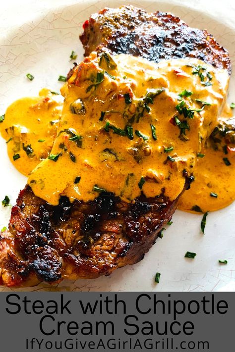 steak with cream sauce over top Steak Cream Sauce, Chipotle Cream Sauce, Steak Toppings, Mexican Steak, Steak Sauce Recipes, Spicy Steak, Chipotle Crema, Mexican Sauce, Bbq Steak