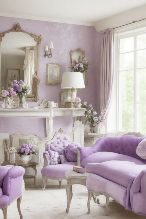 Lavish in Purple: Modern French Country Dream Living Room
Description: Experience luxury wrapped in soft hues of purple in this Modern French Country Dream Living Room. Antique mirrors and ornate decorations complement the regal purple seating. Fresh flowers grace an elegant fireplace, while delicate teacups add charm. The plush furniture beckons you to unwind amidst the grandeur and grace of this dreamy French sanctuary. Pastel Blue And Purple Bedroom, French Bedroom Curtains, Purple Furniture Living Room, Purple And White Living Room, Purple For Bedroom, Purple House Interior Ideas, Lilac Living Room Ideas, Lavender Room Ideas, Lilac Living Room