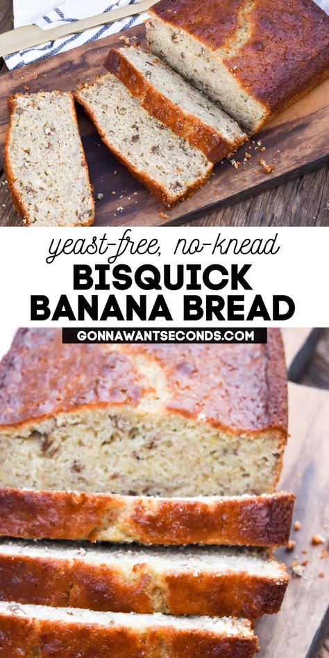 A loaf of Bisquick Banana Bread Bisquick Recipes Banana Bread, Bisquick Banana Bread Recipe Easy, Bisquick Banana Bread Recipe, Banana Bread With Bisquick, Yeastfree Bread, Butter Tart Bars, Betty Crocker Banana Bread, Pancake Mix Cookies, Bisquick Banana Bread