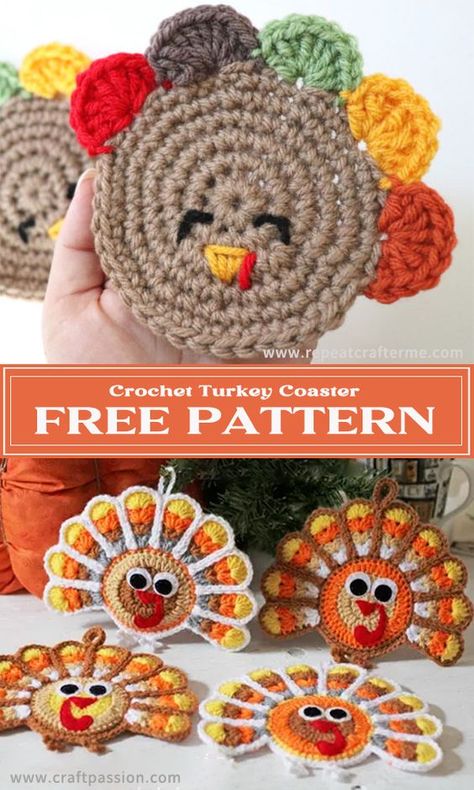 Crochet Turkey Coaster FREE Patterns - iGOODideas.com Thanksgiving Crafts For Adults, Thanksgiving Crochet Patterns, Crochet Turkey, Crochet Pour Halloween, Fun Thanksgiving Crafts, Thanksgiving Crochet, Fall Crochet Patterns, Confection Au Crochet, Crochet Coaster Pattern