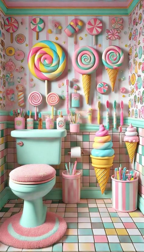 20 Elegant Girls Bathroom Ideas for a Dreamy Retreat 39 Candy Interior Design, Ice Cream Shop Ideas, Booth Display Ideas Diy, Candy Store Design, Girls Bathroom Ideas, Fun Bathroom, Cream Bathroom, Pink Glitter Wallpaper, Dreamy Decor