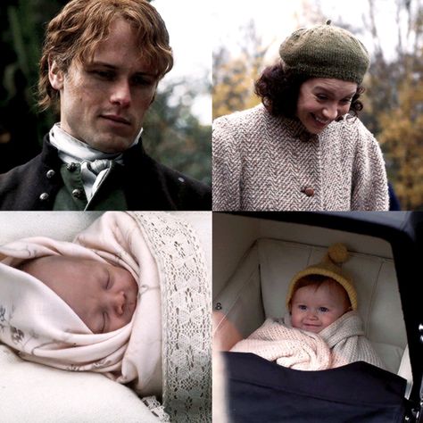 Sam Heughan as Jamie Fraser/MacKenzie with baby Willie and Caitriona Balfe as Claire Randall Fraser with baby Brianna - Outlander_Starz Season 3 Voyager - Episode 304 Of Lost Things - October 1st, 2017 Tobias Menzies, Claire Outlander Season 1, Outlander Jamie And Clare, Outlander Jamie And Claire Season 1, Jaime Fraser, Outlander Behind The Scenes, Outlander 3, Starz Series, Outlander Tv Series