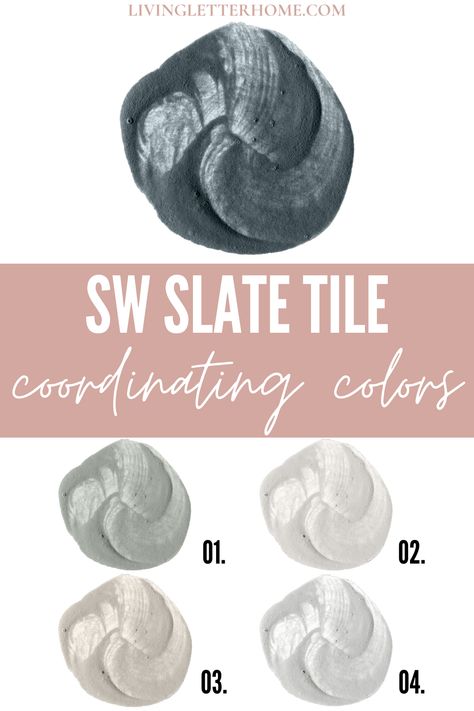 SW Slate Tile coordinating colors graphic Sw Slate Tile, Decorated Bookshelves, Slate Bathroom Tile, Tile Paint Colours, Tile Color Palette, Slate Backsplash, Basement Colors, Best Bathroom Colors, Basement Paint Colors