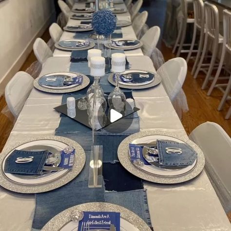 Nicole on Instagram: "Denim & Diamonds 💎 

Check out our cuztom centerpieces! 👀

Event Decor: @cuztom.couture.creationz 

All decorated with love, patience, & dedication!

I do not own copyrights to this music!

#denimanddiamondsparty #denimanddiamonds #30thbirthday #dmveventplanner #dmvpartyplanner #dmvparties #birthdaypartytheme #adultparties #dmvevents" Diamond And Denim Party Ideas Table Decorations, Denim And Diamonds Gala, Denim And Diamonds Centerpieces, Denim And Diamonds Party Decorations, Denim Decorations, Denim Table Decor, Denim And Diamonds Party, Diamonds And Denim Party, Denim Diamonds