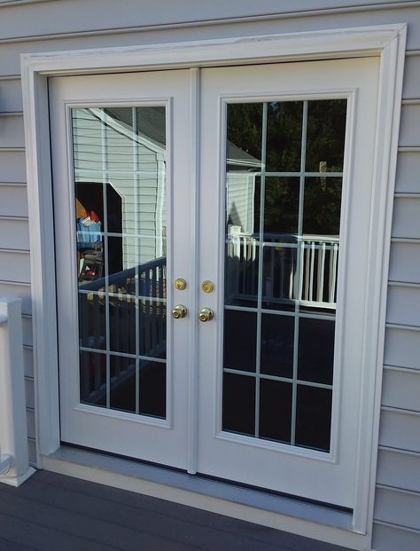 64x80 Provia French entry door--Full view with 15 lite internal grids installed by the Richmond store. #teamappledoor French Door To Deck, French Door Exterior, Patio Door Ideas, Exterior French Door, Door To Deck, Exterior French Doors, French Entry Doors, Exterior House Doors, Diy Patio Pavers