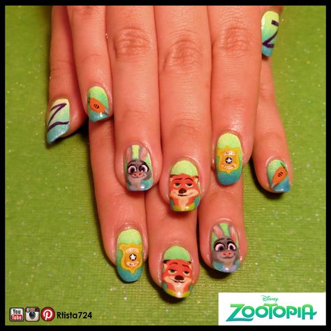 Zootopia nails that I hand-painted on my friend's nails (somewhat inspired by NailedItNZ).  Follow me on Instagram for more nail art @rtista724. Zootopia Nails, Zoo Nail Art, Zootopia Painting, Zootopia Activities, Zootopia Dinner And A Movie, Zootopia Party, Crazy Nail Designs, Super Cute Nails, Nail Art Disney