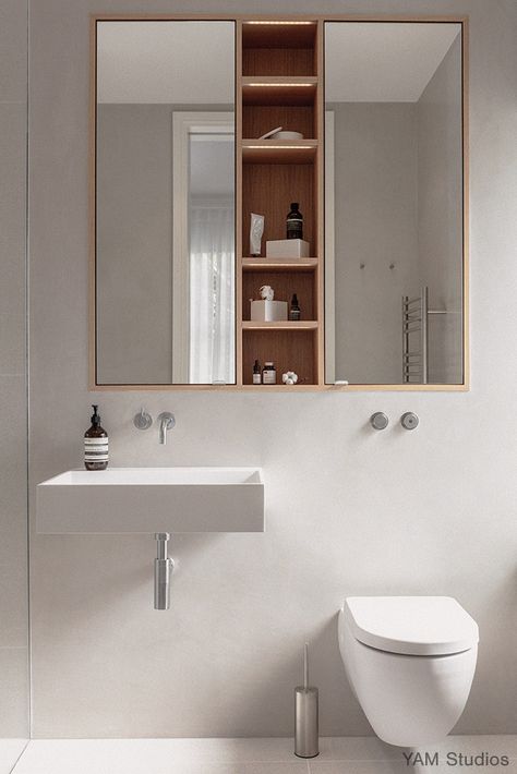 YAM Studios | Bina Gardens - Projects Yam Studios, Scandinavian Bathroom Design, Japandi Bathroom, White Vessel Sink, Minimal Bathroom, Classic Fireplace, English Interior, White Wall Tiles, Bathroom Cabinetry