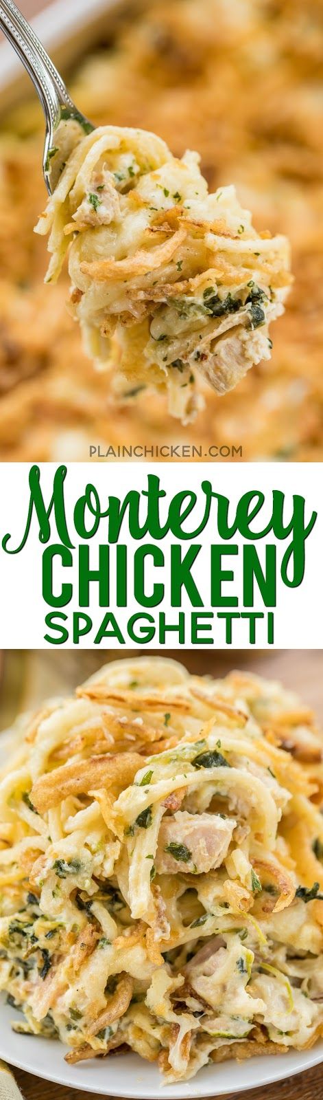 Monterey Chicken Spaghetti Casserole - my whole family went crazy over this easy chicken casserole!! Even our super picky eaters! Chicken, spaghetti, sour cream, cream of chicken, spinach, Monterey Jack Cheese, and french fried onions. Makes a great freezer meal! This is the most requested dinner in our house. #casserole #chickendinner #chickencasserole Monterey Chicken Spaghetti, Easy Chicken Casserole, Monterey Chicken, Chicken Spaghetti Casserole, Chicken Casserole Easy, Chicken Spinach, Spaghetti Casserole, French Fried Onions, Chicken Spaghetti