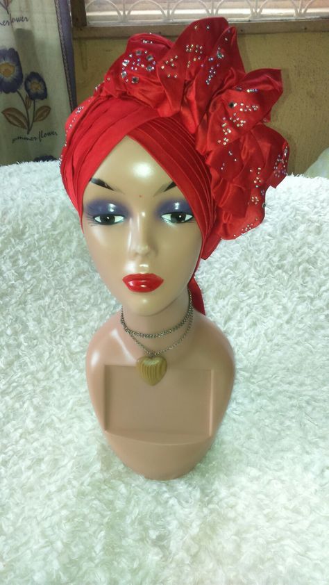 This head wrap is made with red satin and stone to give you a gorgeous look Gele Styles, African Beads, Turbans, Head Wrap, Head Wraps, Beads, Lace, Quick Saves