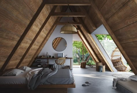 Here you will find photos of interior design ideas. Get inspired! Rustic Style Bedroom, Indian House Exterior Design, A-frame Interior, Modern Room Design, Triangle House, A Frame Cabins, A Frame House Plans, Bed Design Modern, A Frame Cabin