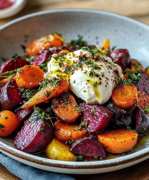 Pescatarian Mediterranean Lifestyle | Roasted Beets and Carrots Salad with Burrata | Facebook Carrots Salad, Sauteed Beet Greens, Salad With Burrata, Beets And Carrots, Roasted Beets And Carrots, Burrata Salad, Golden Beets, Roasted Root Vegetables, Beet Recipes