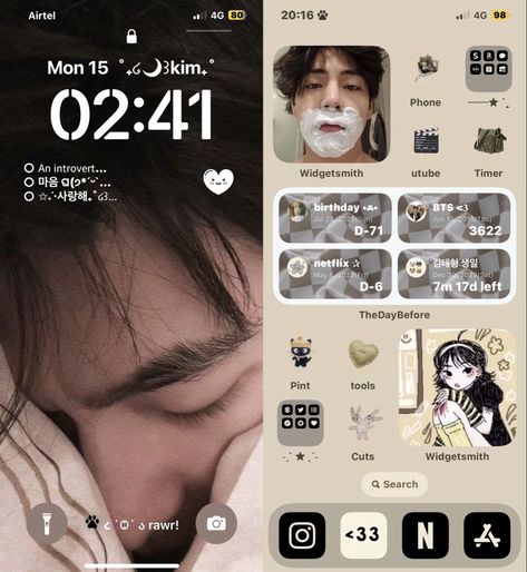 Save=follow Taehyung Phone Theme, Phone Organization Ideas, Iphone Home Screen Layout, Phone Inspo, Phone Inspiration, Phone Layout, Iphone Organization, Iphone App Layout, App Layout