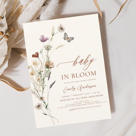 Wildflower Baby in Bloom Baby Shower Terracotta Invitation Wildflower Baby Shower, Gender Neutral Baby Shower Invitations, Boho Baby Shower Invitations, Baby In Bloom, Bloom Baby, Flower Invitation, Perfect Baby Shower, Boho Baby Shower, Gender Neutral Baby Shower