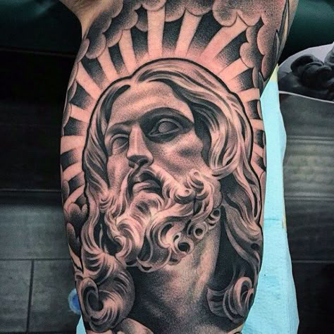 60 3D Jesus Tattoo Designs For Men - Religious Ink Ideas Lil B Tattoo, Jesus Tattoo Design, Inner Bicep Tattoo, Christ Tattoo, Statue Tattoo, Omerta Tattoo, Jesus Statue, Religious Tattoo, Jesus Tattoo