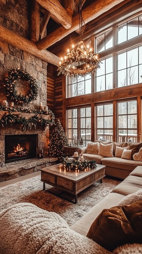 Rustic Christmas living room in a log cabin, featuring a stone fireplace, wreaths, garlands, and warm lighting for a cozy Log Home Living Room Ideas, Rustic Lodge Living Room, Rustic Christmas Living Room, Lodge Style Living Room, Log Home Living Room, Fireplace Cabin, Log Cabin Living Room, Lodge Christmas Decor, Cozy Farmhouse Christmas