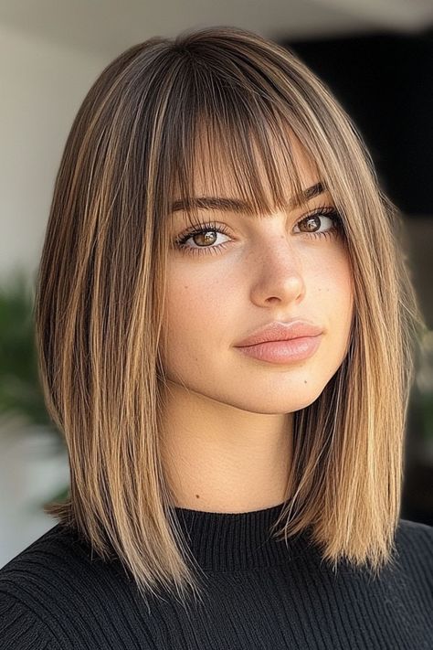 Sleek Straight Lob with Blunt Bangs, shoulder length haircut with fringe Shoulder Length Haircuts With Bangs, Haircut With Fringe, Cute Shoulder Length Haircuts, Straight Lob, Lob Haircut With Bangs, Shoulder Length Haircut, Bob Hair Styles, Shoulder Length Haircuts, Trendy Bob