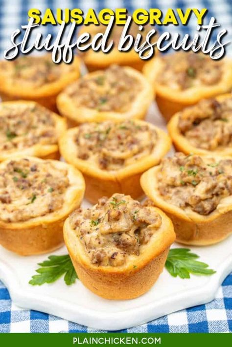 Sausage Gravy Stuffed Biscuits - Plain Chicken Sausage And Gravy Stuffed Biscuits, Sausage Gravy Stuffed Biscuits, Gravy Stuffed Biscuits, Lemon Butter Caper Sauce, Stuffed Biscuits, Cream Cheese Sausage, Sausage Cream Cheese, Eggs Cheese Breakfast, Cream Cheese Sausage Balls