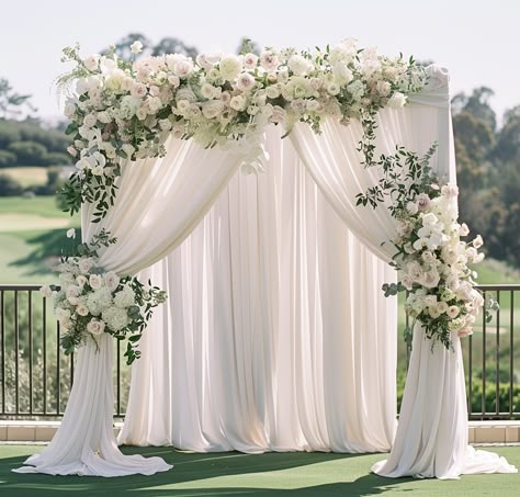 💫 Capture every beautiful moment of your wedding against the backdrop of our elegant white curtains. Ideal for photos, ceremonies, and more! 📸 #WeddingMoments #BackdropElegance Wedding Alter Draping, Sweetheart Table Wedding Draping, White Drapery Wedding Backdrop, Wedding Arch With Curtains, White Backdrop Wedding Ceremony, Wedding Arch White Roses, Curtains Wedding Decor, Wedding Backdrop Ceremony Outdoor, Wedding Altar Backdrop