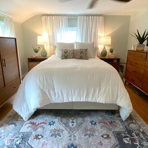 Small Space Decorating: How To Place A Bed In Front Of An Off-Set Window - Jennifer Rizzo Headboard Over Window, Off Center Window, Bed Against Window, Off Center Windows, Bedroom Furniture Placement, Small Space Decorating, Bed Placement, Bedroom Redesign, Large Curtains