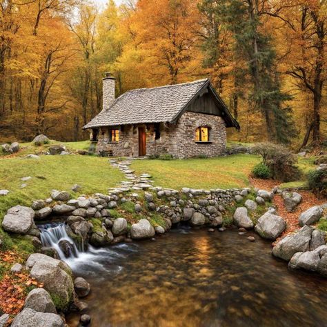 Log Cabin - Looks so peaceful!!😍😍 Stone House In The Woods, English Cabin, Small Stone Cottage, Cottage Building, Small Stone House, Cabin Style Homes, Stone Cabin, Fantasy Cottage, Little Cabin In The Woods