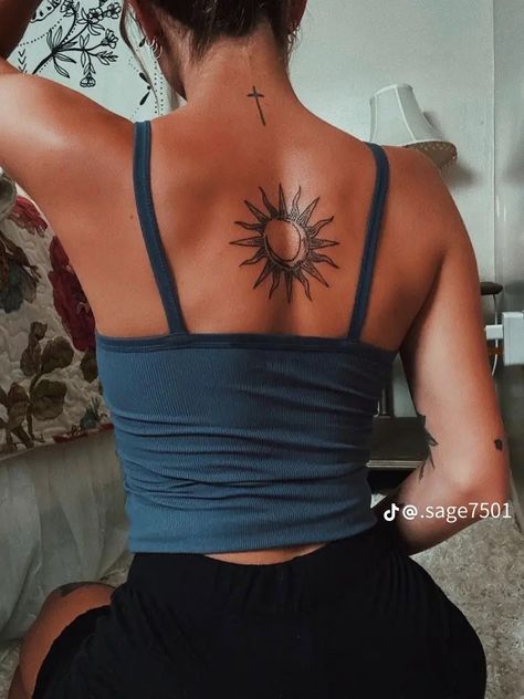 Sun Tattoo Small Back, Back Sun Tattoo Women, Moon On Back Tattoo, Sunshine Back Tattoo, Tattoo Ideas Female Meaningful Unique Ankle, Sun And Moon Tattoo On Back, Moon And Sun Back Tattoo, Sun And Moon Tattoo Placement, Sun Tattoo Large