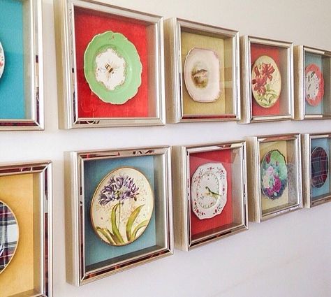 Plates In Frames Wall Decor, Display Plates Ideas, Nook And Cranny Ideas, Displaying Plates Ideas, Framed Vintage Plates, Framed Plates On Wall, Tiny Picture Frames Ideas, Decorative Plate Display Ideas, Decorating With Plates On Wall