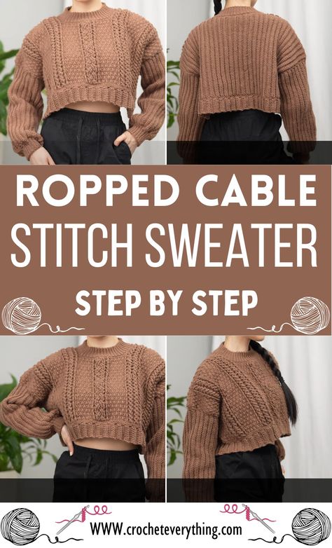 Crochet Cropped Cable Stitch Sweater Cropped Sweater Crochet Pattern Free, Crochet Cropped Sweater Pattern, Cable Crochet Sweater, Crochet Cable Knit Sweater, Crochet Cable Sweater, Cable Stitch Crochet, Bobble Stitch Tutorial, Crochet Cables Pattern, Crochet Cropped Sweater