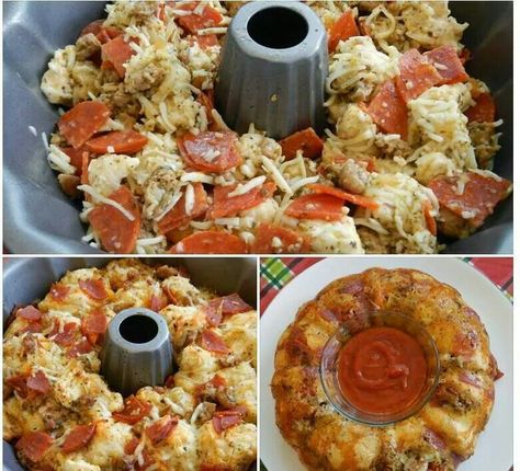 2 cans of pilsbury pizza dough and whatever else you like to taste in a pizza. Put it in a bundt pan! Pull apart bread for parties!! Pepperoni And Mozzarella, Bundt Pan Recipes, Pull Apart Pizza, Pull Apart Pizza Bread, Homemade Pizza Dough, Pull Apart Bread, Bread Ingredients, Bundt Pan, Food Blogs