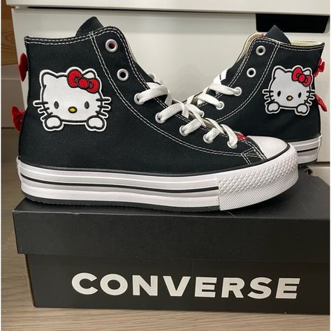 Hello Kitty Custom Made Converse Chuck Taylor All Star High Top Sneakers Hello Kitty Patch, Hello Kitty Converse, Hello Kitty Custom, Shoes Hello Kitty, Kid Kid, Hello Kitty Shoes, Hello Kitty Accessories, Kids Converse, Converse Black