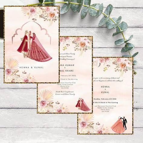 Indian Wedding Digital Invitation, Modern Hindu Wedding, Hindu Wedding Invitation Wording, Modern Indian Wedding Invitations, Illustration Couple, Wedding Invitation Digital, Illustrated Wedding Invitations, Hindu Wedding Invitations, Indian Wedding Invitation Cards