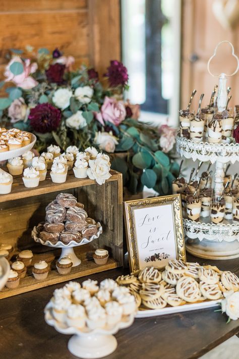 Rustic Wedding Buffet Table Ideas, Vintage Wedding Dessert Table Ideas, Christmas Wedding Dessert Table Ideas, Wedding Dessert Table With Candles, Burgundy Wedding Dessert Table, Cookie And Cupcake Table Wedding, Boho Fall Wedding Dessert Table, Fall Wedding Desserts Table, Eucalyptus Wedding Dessert Table