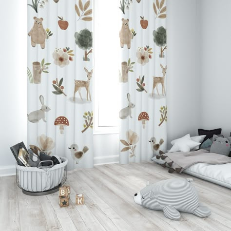 "Modern Woodland Nursery Curtains, baby room curtains, bear, fox, deer, buck nursery curtains, woodland baby Nursery, Woodland Window Panel ♥ WHY THESE WOODLAND CURTAINS ARE A GREAT BUY? Nurseries are a special place that should be cozy and comfy for your baby. Curtains should create a napping environment by blocking outside light while still letting your baby enjoy beautiful views with soft-focus backgrounds. These curtains feature beautiful and subtle designs. Don't hesitate to compliment the Woodland Curtains, Modern Woodland Nursery, Woodland Baby Room, Woodland Creatures Nursery, Woodland Baby Nursery, Baby Room Curtains, Woodland Theme Baby, Buy Curtains, Bunny Nursery