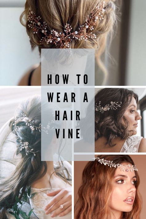 One thing I get asked a lot is how to wear a hair vine. Here are all the details you need to keep your hair vine in place so you can dance the night away! Diy Bridal Hair Vine, Wedding Hair Vine Down, Wedding Hair With Vine, Hair Vine Hairstyles, Diy Hair Vine, Vine Hair Piece, Long Hair Vine, Vine Headband, Floral Hair Vine