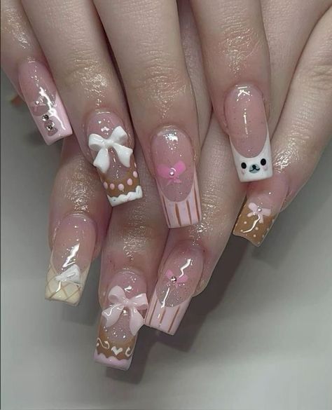 Neopolitan Nails, Cutecore Nails, Rilakkuma Nails, Kitsch Nails, Grunge Nails, Girly Acrylic Nails, Pretty Gel Nails, Really Cute Nails, Acrylic Nails Coffin Pink