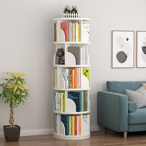 JUSCHIPEXL Rotating Bookshelf with Storage Cabinet and Wheels, 5 Tier Revolving Bookcase, Rotating Bookcase Tower for Bedroom, Living Room, Study Room, White Corner Bookshelf for Small Space : Amazon.ca: Home Rotating Bookcase, Bookshelf With Storage, Bookshelves For Small Spaces, Rotating Bookshelf, Diy Highlights, Revolving Bookcase, Corner Bookshelf, Stackable Shelves, Books Decor