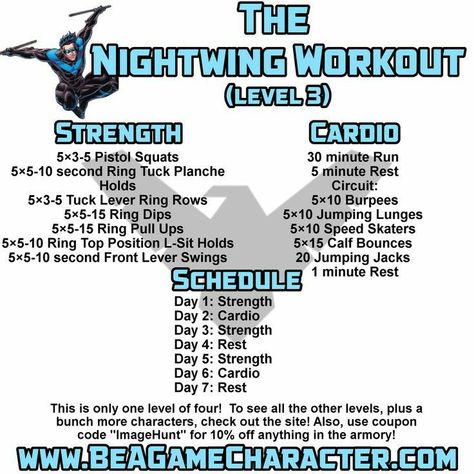 Nightwing Workout Routine, Nightwing Training, Nightwing Workout, Leg Strength Training, Anime Workouts, Workout Labs, Superhero Workout, Jumping Lunges, Gym Workout Chart