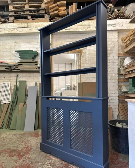 Bookcase radiator covers 🩶🤍 Glasgow Apartment, Hall Ways Ideas, Custom Radiator Covers, Industrial Sideboard, Stiffkey Blue, Style Sideboard, Beer Fridge, Radiator Covers, Diy House Renovations