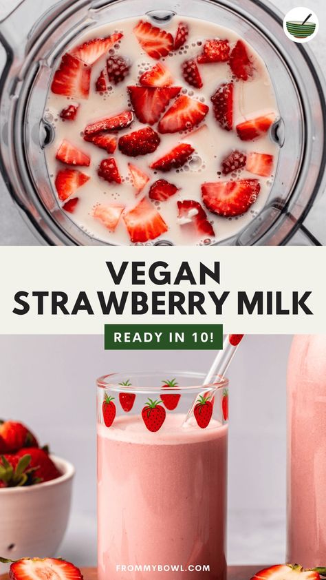 This 10-minute Vegan Strawberry Milk blends fresh strawberries, maple syrup, and non-dairy milk together to give you a sweet and creamy drink to sip on or use in your oatmeal or cereal. Vegan and Gluten-Free. Vegan Strawberry Milk, Fruity Drink Recipes, Strawberry Overnight Oats, Strawberry Sugar Cookies, Collagen Drink, Quick Easy Vegan, Strawberry Balsamic, Blueberry Lemonade, Bowl Of Cereal