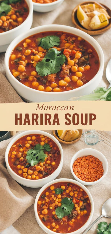 Moroccan Harira Soup: a fragrant, hearty soup made with tomatoes, lentils, chickpeas, and tender lamb. A flavorful and nutritious dish that’s perfect for cozy nights! Harira Soup, Soup Restaurant, Moroccan Soup, American Test Kitchen, Chickpea Soup, Tender Meat, Hearty Soup, Moroccan Food, Hearty Soups