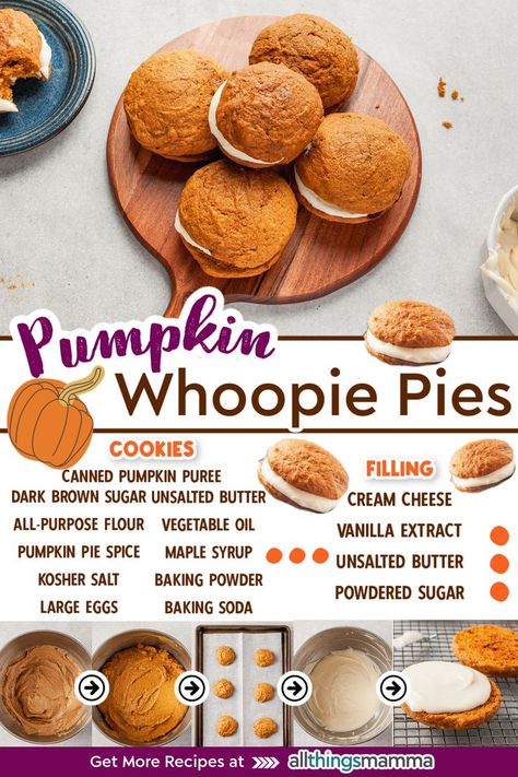 pumpkin whoopie pies stacked on a circular wooden board with ingredients and steps shown Pumpkin Whoopie Pie Filling, Pumpkin Pie Whoopie Pies, Fall Cookie Sandwiches, Pumpkin Cream Cheese Whoopie Pies, Pumpkin Roll Cookies With Cream Cheese Filling, Pumpkin Woopie Cookies, Fall Sandwich Cookies, Pumpkin Sandwich Cookies, Sleepover Recipes