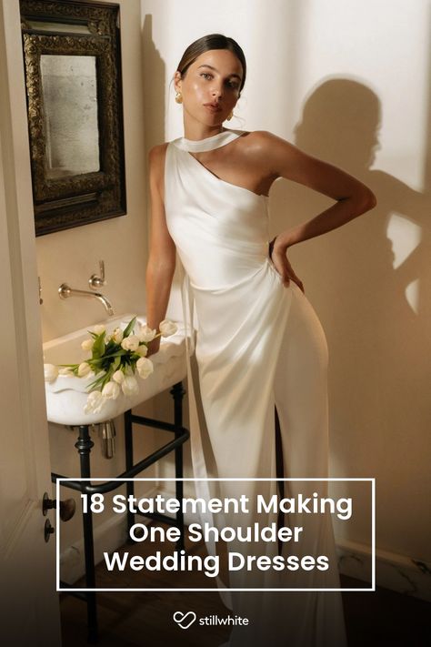 18 Statement Making One Shoulder Wedding Dresses – Stillwhite Blog Asymmetrical Neckline Wedding Dress, One Shoulder Wedding Gowns, Wedding Dress With Gloves, Halter Top Wedding Dress, Spaghetti Strap Wedding Dress, Dress With Gloves, Shoulder Wedding Dress, Grace Loves Lace, Asymmetric Neckline