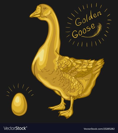 Golden goose goose on a black background Vector Image Golden Goose Drawing, Golden Goose Illustration, Goose Drawing, Goose Tattoo, Bell Image, Baby First Birthday Themes, The Golden Goose, Golden Egg, Jack And The Beanstalk