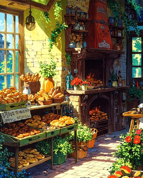 A scene of fresh pastries and bread being taken of the oven in a Ghibli inspired village coffee shop. The air is filled with a delightful aroma. The ship has a rustic village kitchen feel... - ✫ ━━━━━∙⋆⋅⋆∙━━━━━ ✫ Follow ➠ @tech4vinay.ai and Tap notification 🔔 ✫ ━━━━━∙⋆⋅⋆∙━━━━━ ✫ - #ghiblivillage, #fanatasyworld #ailove #aiart #aiartcommunity #visionartai #stablediffusionai #midjourney #aitrend #tech4vinay #NatureHarmony #ScenicJourney #BeautifulViews #ExploreNature #AdventureLife #PeacefulPlaces Ghibli Cafe Aesthetic, Ghibli Kitchen, Village Kitchen, Village Coffee, Fresh Pastries, Cottagecore Kitchen, Plant Journal, Ghibli Art, Peaceful Places