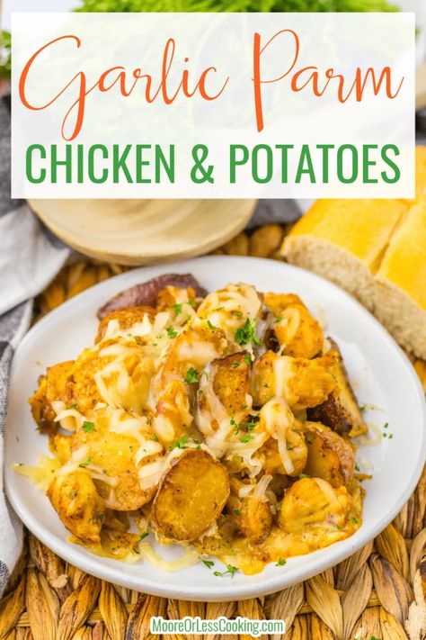 Garlic Parm Chicken and Potatoes - Moore or Less Cooking Garlic Parm Chicken And Potatoes, Oven Baked Chicken And Potatoes, Garlic Parmesean Chicken, Potato Skillet Dinner, Garlic Parm Chicken, Parmesan Wing Sauce, Parm Chicken, Crispy Roasted Potatoes, Garlic Parmesan Sauce