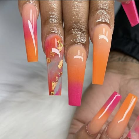 Pink Coffin Nails, Orange Acrylic Nails, Nails With Gold, Pink Coffin, Gold Nail Designs, Long Nail Designs, Pink Gel, Gold Nail, Coffin Shape Nails